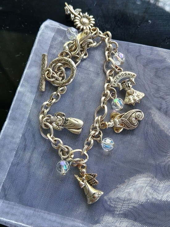 Vintage Jewelry - Angels Friendship Charm Bracelet Silvertone Faith Religious Heart Jewelry